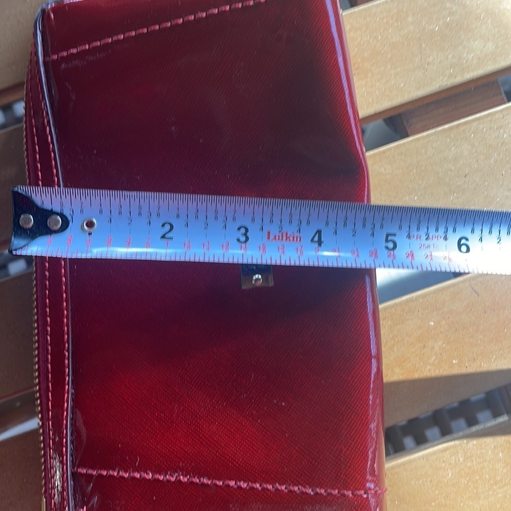 TUMI Red Metallic Crossgrain Zip Top Wristlet Clutch Bag Gold Hardware - Picture 11 of 12